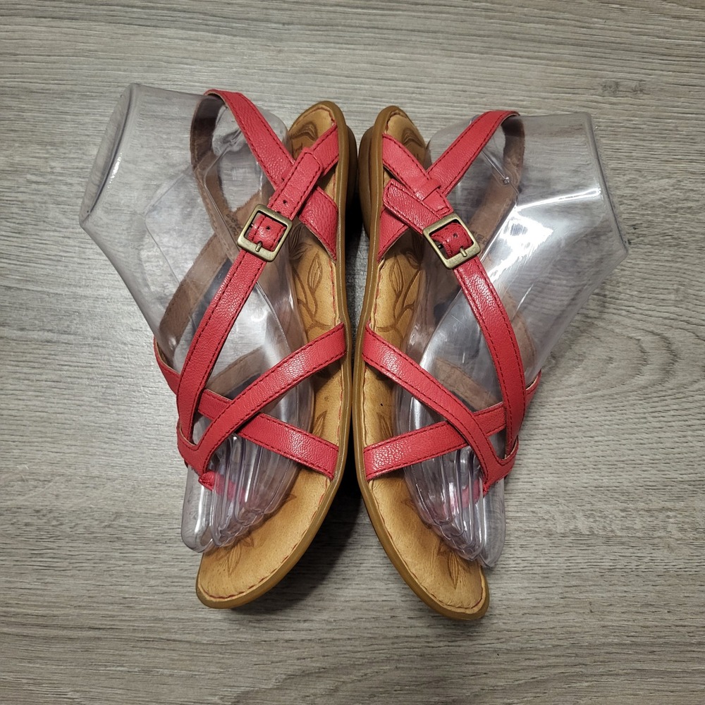 Born Red Leather Strappy Sandals Ankle Buckle Flat Comfort Shoes 7 Cushioned - Picture 4 of 8